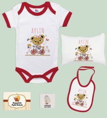 BK Kids Kişiye Özel İsimli 5 Parça Kırmızı Bebek Body Zıbın Yastık Hediye Seti, Yeni Doğan Bebek Giyim Hediyesi-2