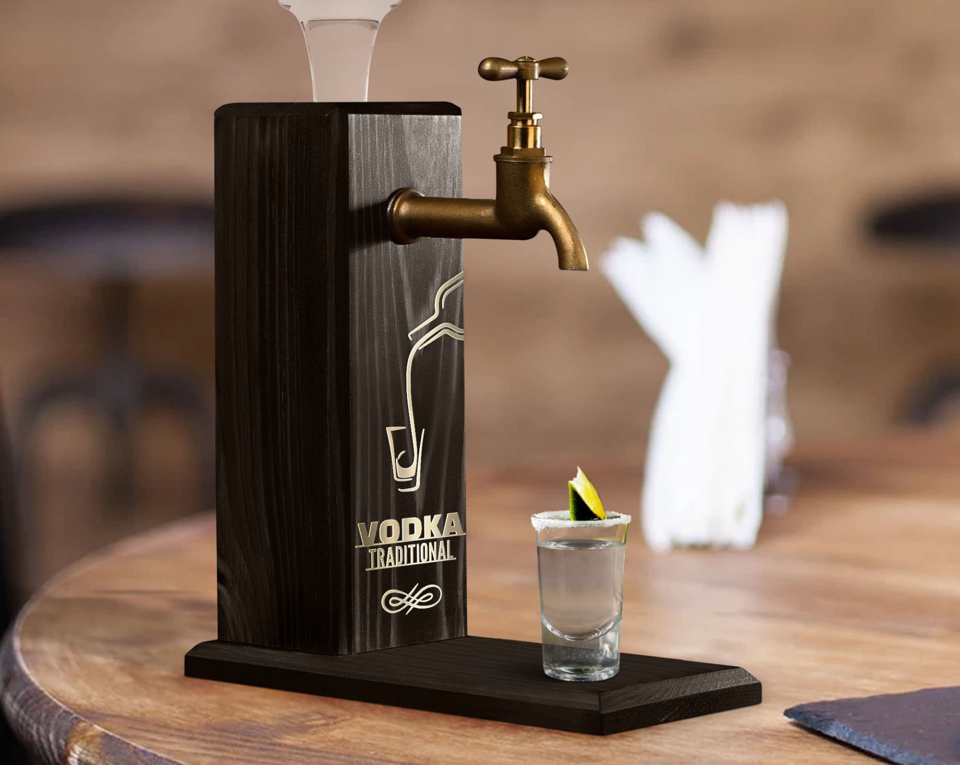 BK Gift Aynalı Altın Kabartma Musluklu Doğal Siyah(Ebony) Ahşap Vodka Standı, Home Bar, İçecek Dispenseri, Ahşap İçecek Çeşmesi-2