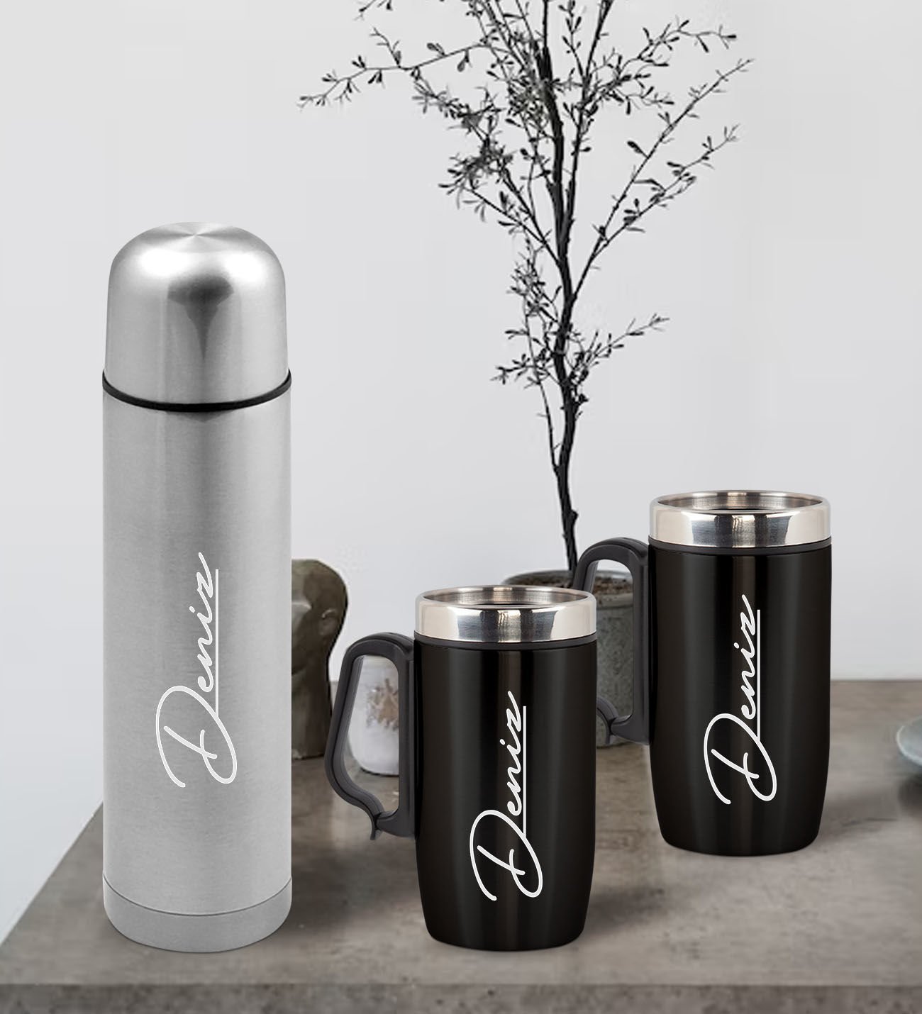 BK Gift Kişiye Özel Deri Çantalı Krom Seyahat Termosu ve İkili Termos Mug Hediye Seti - 2