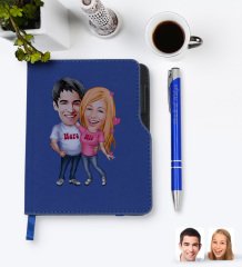 Kişiye Özel Sevgililer Karikatürlü Lacivert Termo Deri Defter Kalem Seti-5