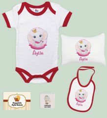 BK Kids Kişiye Özel İsimli 5 Parça Kırmızı Bebek Body Zıbın Yastık Hediye Seti, Yeni Doğan Bebek Giyim Hediyesi-4