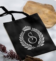 BK Gift Kişiye Özel Harfli Siyah Kumaş Bez Çanta-7, Baskılı Omuz Çantası, Alışveriş Çantası