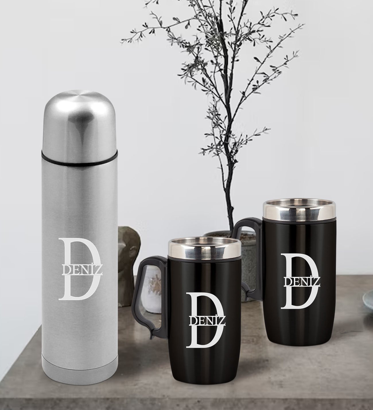 BK Gift Kişiye Özel Deri Çantalı Krom Seyahat Termosu ve İkili Termos Mug Hediye Seti - 3