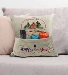BK Gift Kişiye Özel Yılbaşı Tasarımlı Organizer Kumanda ve Atıştırmalık Cepli Krem Kırlent Yastık, Yılbaşı Hediyesi- 3, Yeni Yıl Hediyeleri