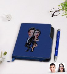 Kişiye Özel Sevgililer Karikatürlü Lacivert Termo Deri Defter Kalem Seti-6