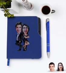 Kişiye Özel Sevgililer Karikatürlü Lacivert Termo Deri Defter Kalem Seti-6