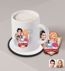 Kişiye Özel Evleniyoruz Karikatürlü Beyaz Kupa ve Ahşap Bardak Altlığı Hediye Seti-9