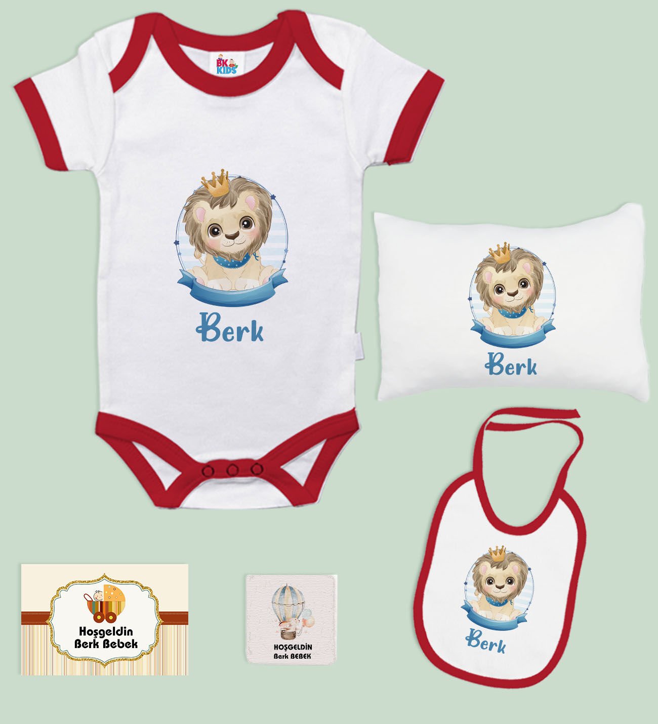BK Kids Kişiye Özel İsimli 5 Parça Kırmızı Bebek Body Zıbın Yastık Hediye Seti, Yeni Doğan Bebek Giyim Hediyesi-5