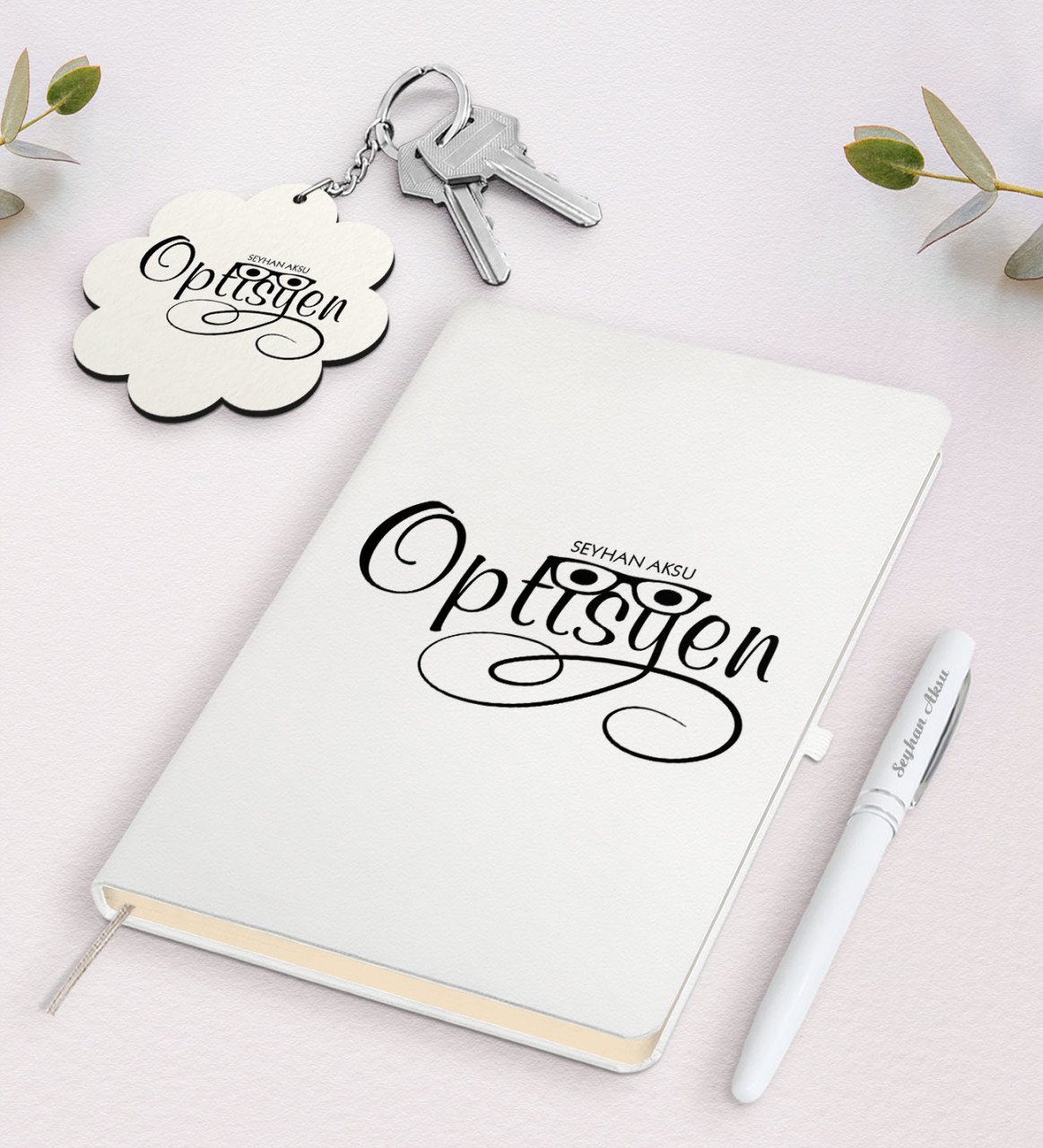Kişiye Özel Optisyen Beyaz Defter Kalem ve Anahtarlık Hediye Seti-2