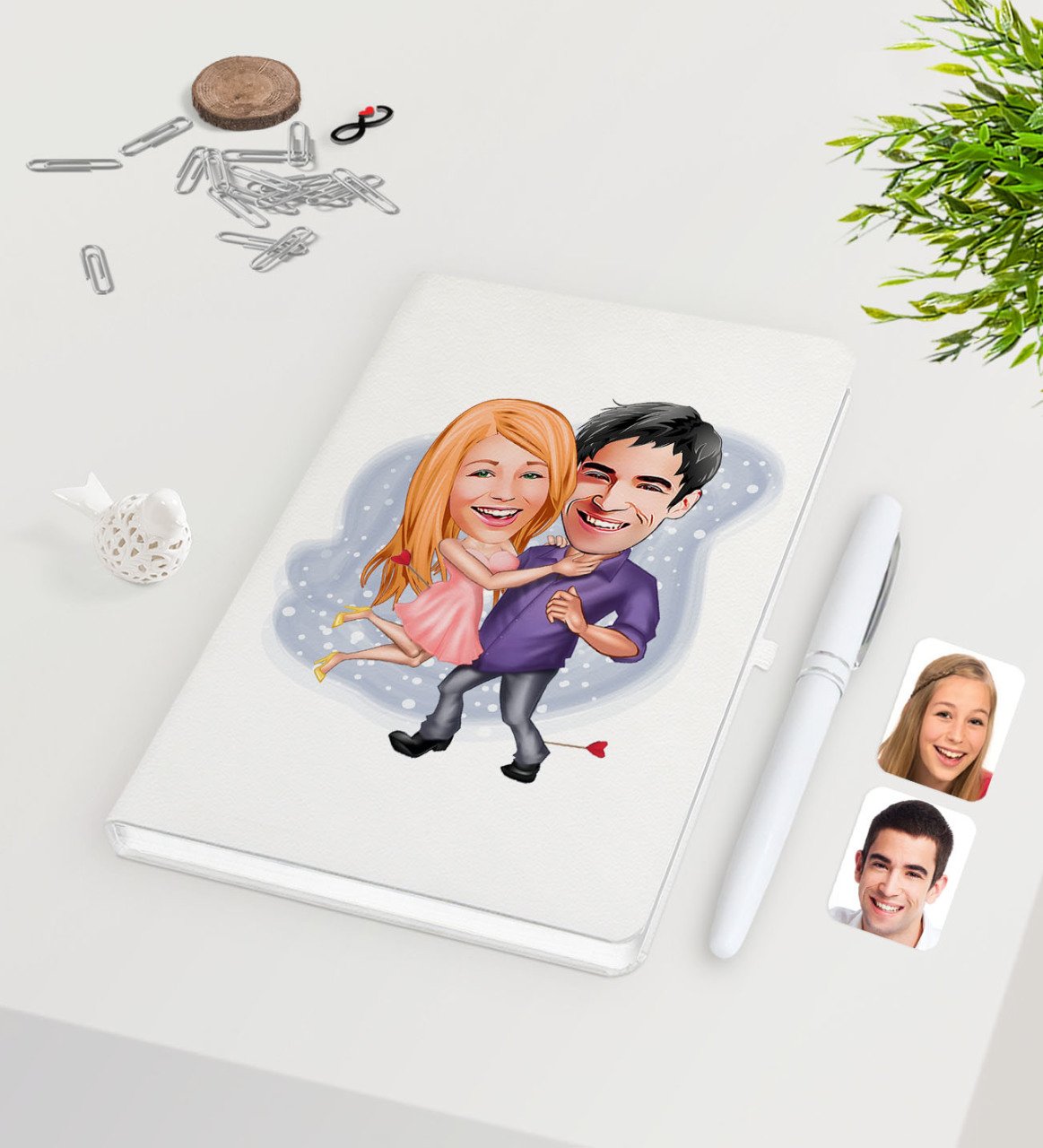 Kişiye Özel Sevgililer Karikatürlü Beyaz Defter Kalem Seti-3