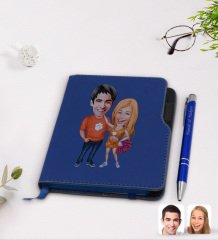 Kişiye Özel Sevgililer Karikatürlü Lacivert Termo Deri Defter Kalem Seti-54