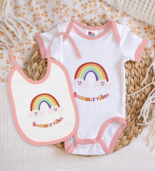 BK Kids Summer Vibes Tasarımlı Pembe Bebek Body Zıbın ve Mama Önlüğü Hediye Seti-2