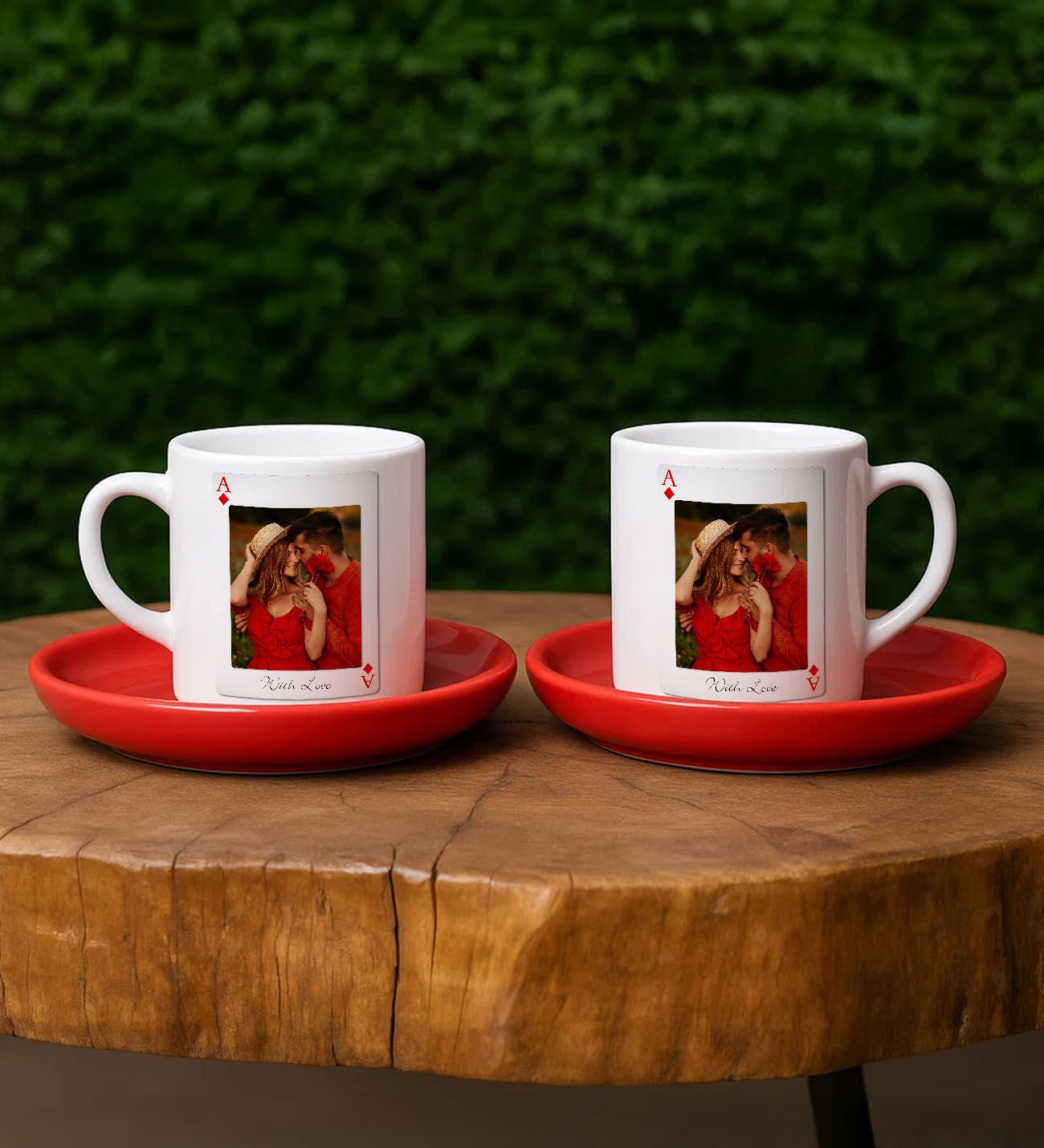 BK Gift Kişiye Özel Aşkımızın Ası Fotoğraflı İskambil Tasarımlı 2'li Kırmızı Tabaklı Türk Kahvesi Fincan Takımı-2, Sevgiliye Hediye, Arkadaşa Hediye, Eşe Hediye