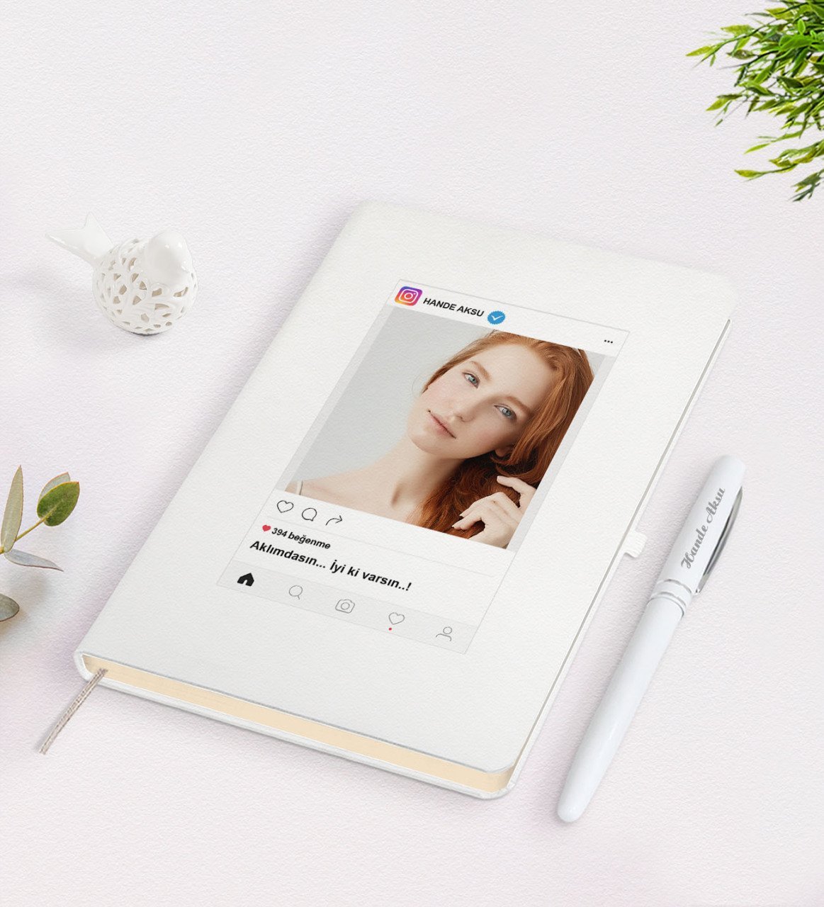 Kişiye Özel İnstagram Fotoğraflı Beyaz Defter Kalem Seti