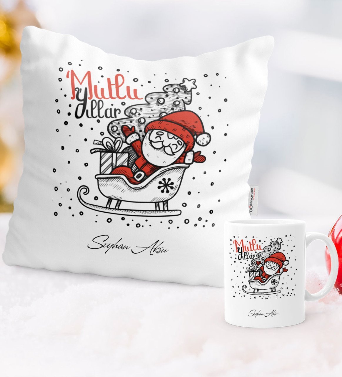 Kişiye Özel Yılbaşı Noel Baba Temalı Yastık Kupa Seti - 5
