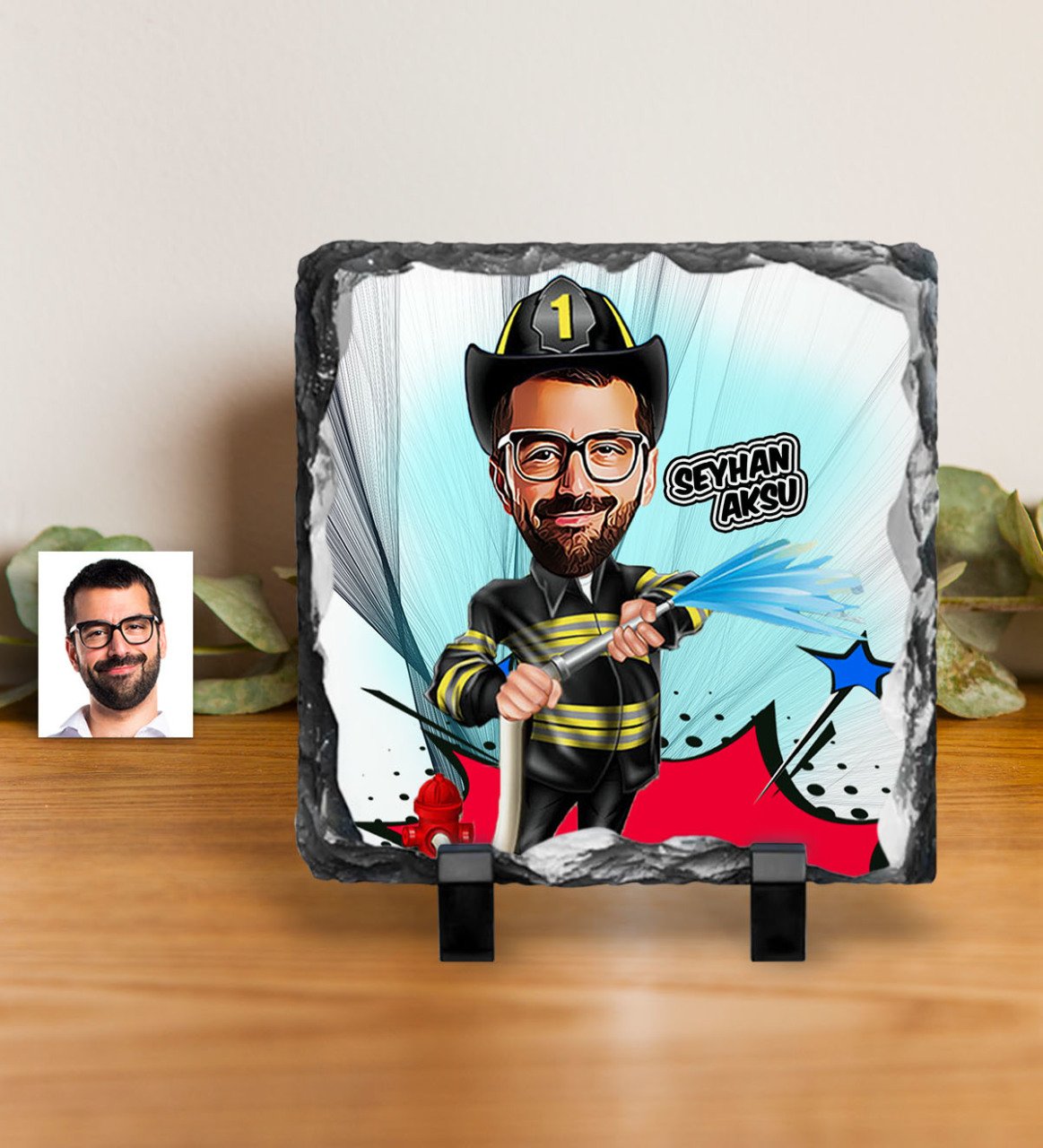 Kişiye Özel Bay İtfaiyeci Karikatürlü Dekoratif Doğal Taş