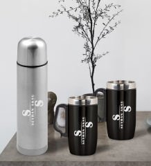 BK Gift Kişiye Özel Deri Çantalı Krom Seyahat Termosu ve İkili Termos Mug Hediye Seti - 6