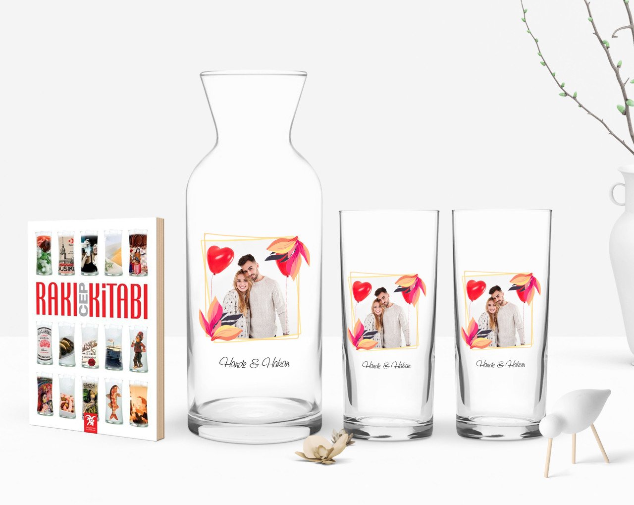 Kişiye Özel Renkli Baskılı İsimli Fotoğraflı İkili Rakı Bardağı Karaf ve Cep Kitabı Hediye Seti-28
