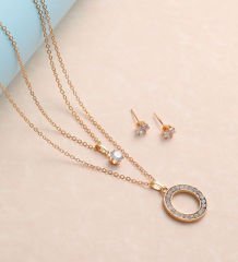 BK Gift Zirkon Taşlı İki Zincirli Gold Halka Kolye ve Küpe Seti, Sevgiliye Hediye, Yıldönümü Hediyesi