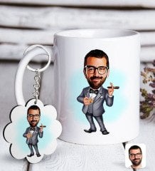 Kişiye Özel Erkek Patron Karikatürlü Beyaz Kupa ve Anahtarlık Hediye Seti-3