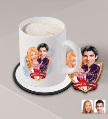 Kişiye Özel Sevgililer Karikatürlü Beyaz Kupa ve Ahşap Bardak Altlığı Hediye Seti-2