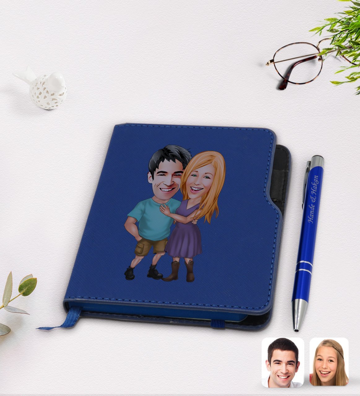 Kişiye Özel Sevgililer Karikatürlü Lacivert Termo Deri Defter Kalem Seti-80