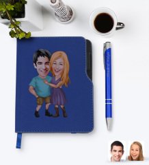 Kişiye Özel Sevgililer Karikatürlü Lacivert Termo Deri Defter Kalem Seti-80