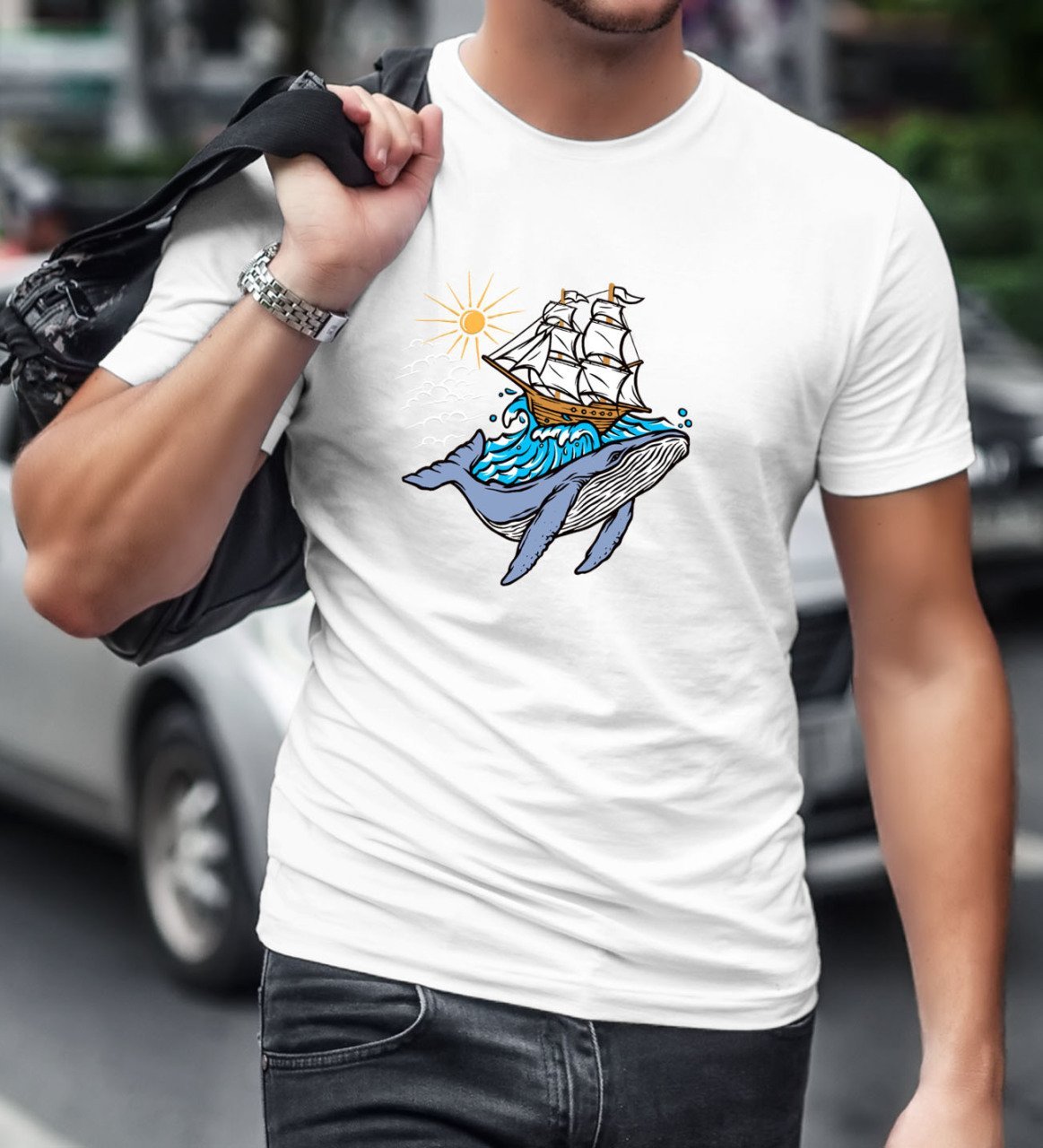 BK Gift Balina Tasarımlı Beyaz T-Shirt-1