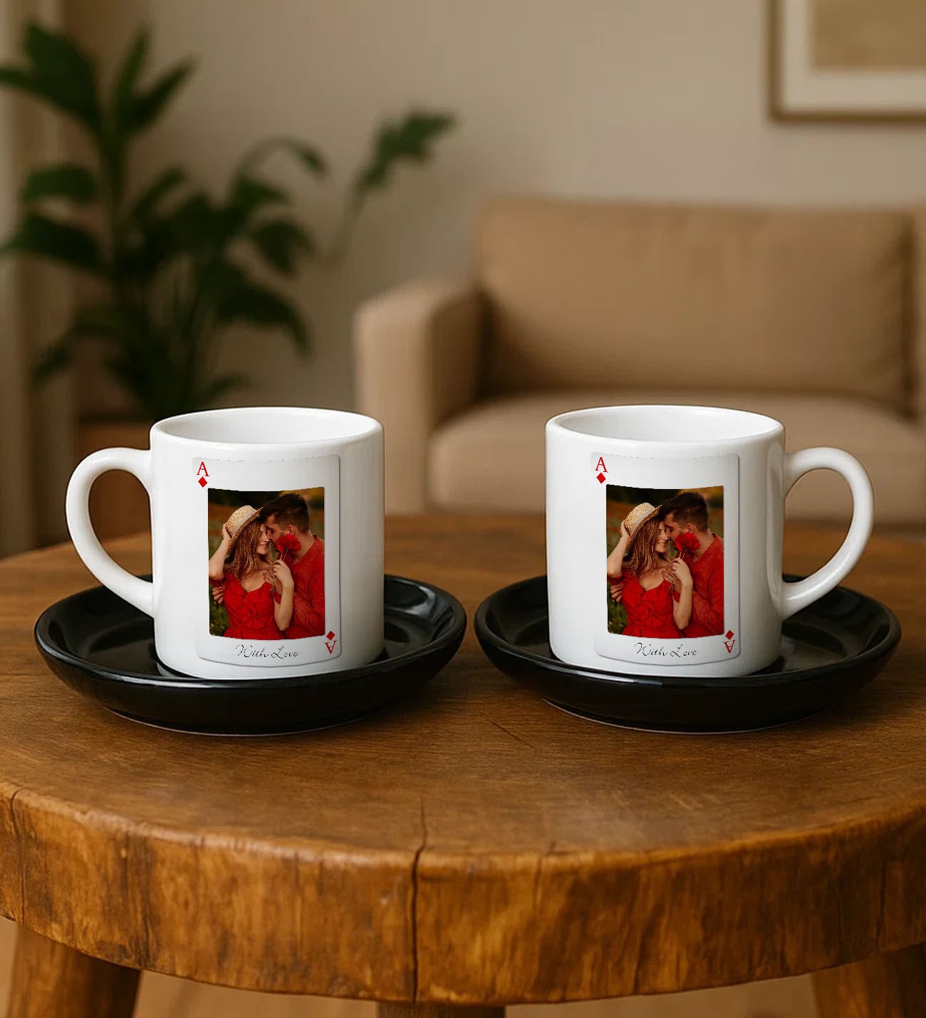 BK Gift Kişiye Özel Aşkımızın Ası Fotoğraflı İskambil Tasarımlı 2'li Siyah Tabaklı Türk Kahvesi Fincan Takımı-2, Sevgiliye Hediye, Arkadaşa Hediye, Eşe Hediye
