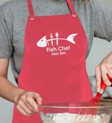 BK Gift Kişiye Özel Balık Şef Kırmızı Profosyonel Önlük - 1, Aşçı Önlüğü, Şef Önlüğü, Babaya Hediye