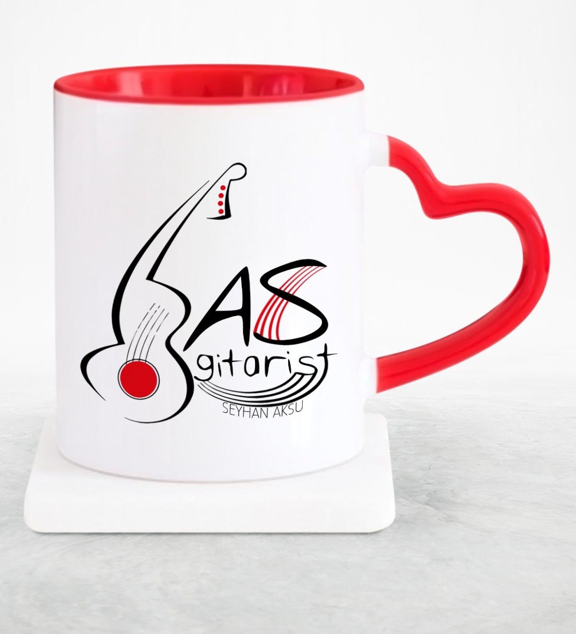 Kişiye Özel Mesleki Bas Gitarist Kırmızı Kalpli Kupa Bardak - 1
