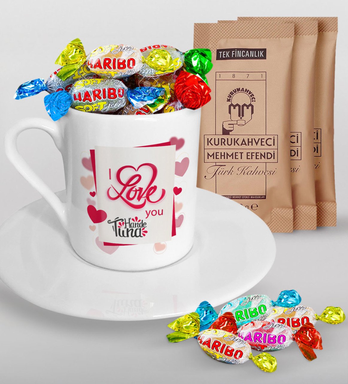 Kişiye Özel Sevgililer Günü Türk Kahvesi Fincanı Mehmet Efendi Kahve ve Haribo Şeker Hediye Seti-133
