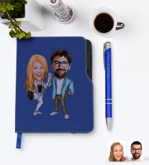 Kişiye Özel Sevgililer Karikatürlü Lacivert Termo Deri Defter Kalem Seti-93