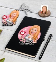 Kişiye Özel Kadın Youtuber Karikatürlü Siyah Defter Kalem Ve Anahtarlık Hediye Seti-2