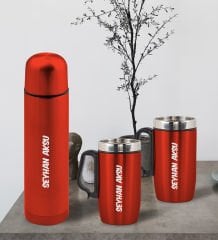 BK Gift Kişiye Özel Deri Çantalı Kırmızı Seyahat Termosu ve İkili Termos Mug Hediye Seti - 1
