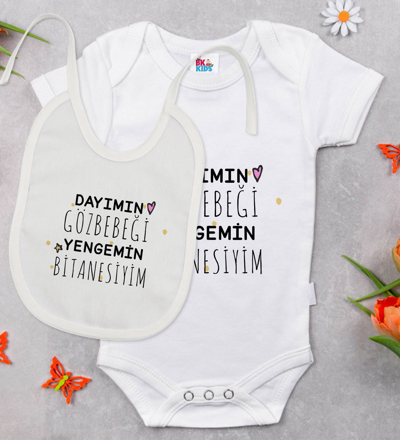 BK Kids Dayımın Gözbebeği Tasarımlı Beyaz Bebek Body Zıbın ve Mama Önlüğü Hediye Seti-1