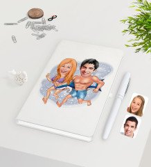 Kişiye Özel Sevgililer Karikatürlü Beyaz Defter Kalem Seti-8
