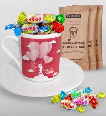 Kişiye Özel Sevgililer Günü Türk Kahvesi Fincanı Mehmet Efendi Kahve ve Haribo Şeker Hediye Seti-134