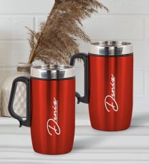 BK Gift Kişiye Özel Deri Çantalı Kırmızı Seyahat Termosu ve İkili Termos Mug Hediye Seti - 2