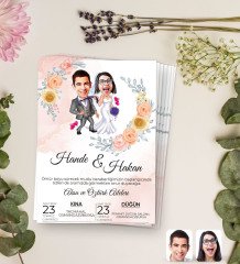 Kişiye Özel Karikatürlü Düğün Davetiyesi Model 4 (100Adet)