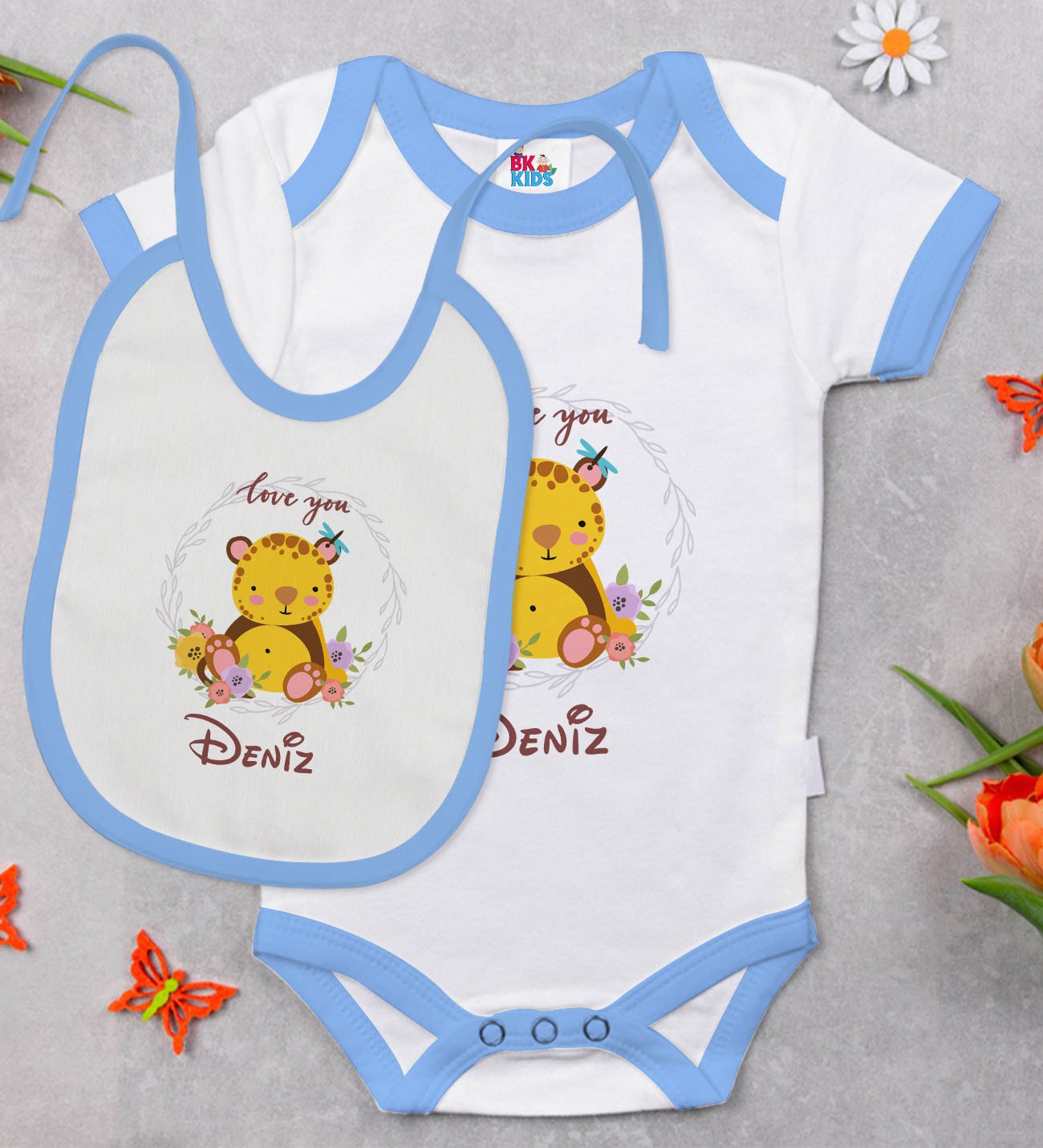 BK Kids Kişiye Özel İsimli Mavi Bebek Body Zıbın ve Mama Önlüğü Hediye Seti-15