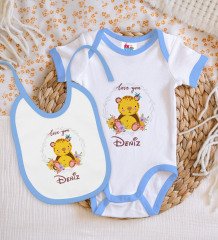 BK Kids Kişiye Özel İsimli Mavi Bebek Body Zıbın ve Mama Önlüğü Hediye Seti-15
