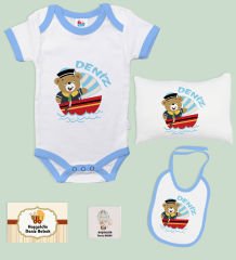 BK Kids Kişiye Özel İsimli 5 Parça Mavi Bebek Body Zıbın Yastık Hediye Seti, Yeni Doğan Bebek Giyim Hediyesi-1