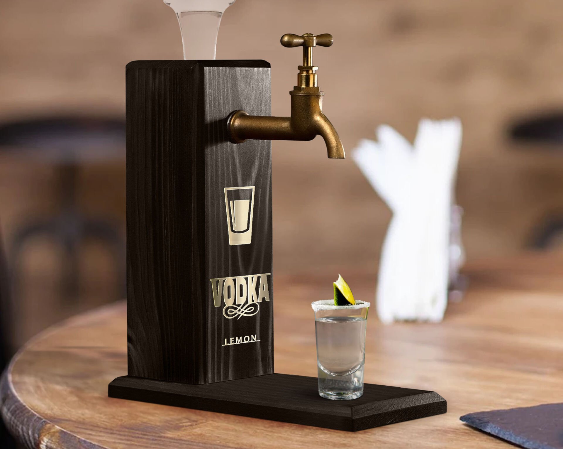 BK Gift Aynalı Altın Kabartma Musluklu Doğal Siyah(Ebony) Ahşap Vodka Standı, Home Bar, İçecek Dispenseri, Ahşap İçecek Çeşmesi-4