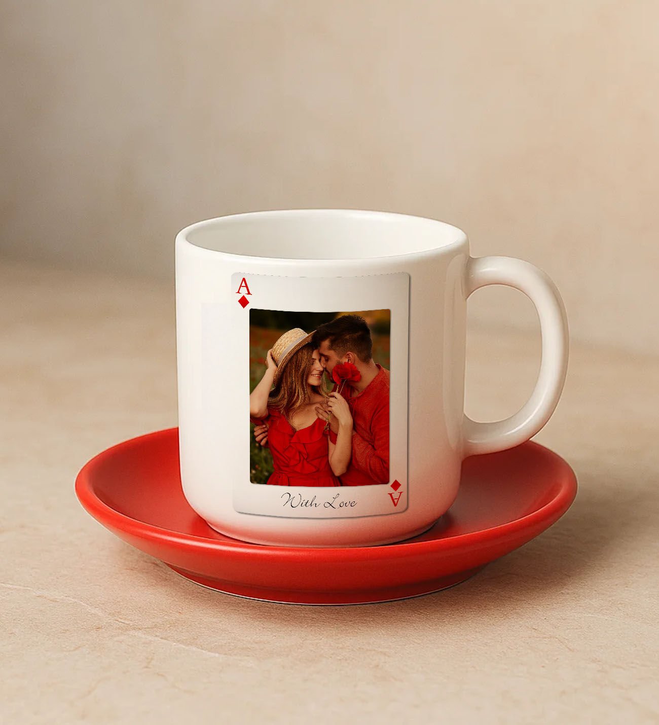 BK Gift Kişiye Özel Aşkımızın Ası Fotoğraflı İskambil Tasarımlı Kırmızı Tabaklı Türk Kahvesi Fincan Takımı-2, Sevgiliye Hediye, Arkadaşa Hediye, Eşe Hediye