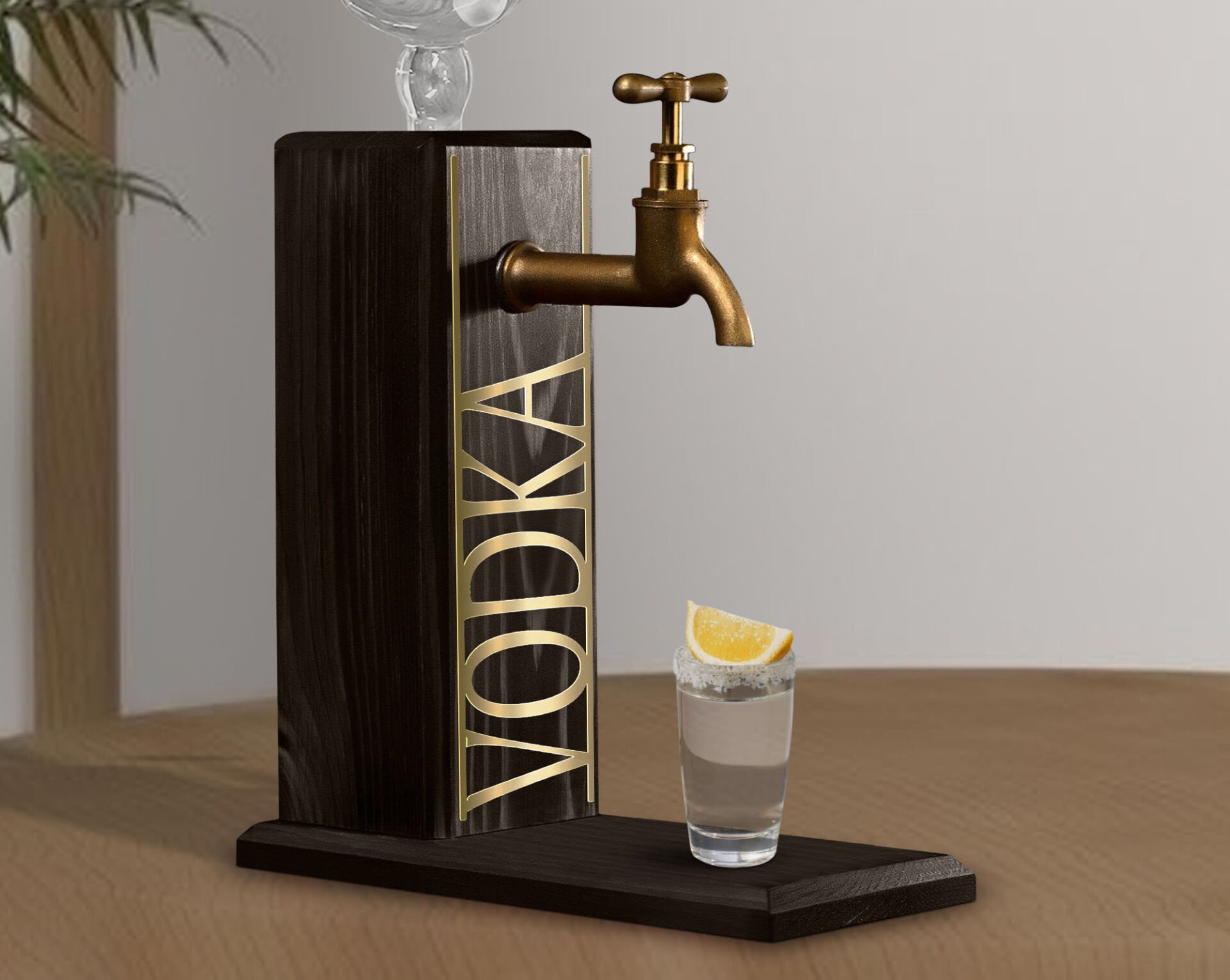 BK Gift Aynalı Altın Kabartma Musluklu Doğal Siyah(Ebony) Ahşap Vodka Standı, Home Bar, İçecek Dispenseri, Ahşap İçecek Çeşmesi-5