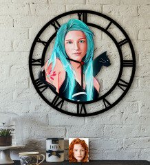 Kişiye Özel Kedili Kız Karikatürlü Ahşap Duvar Saati-1