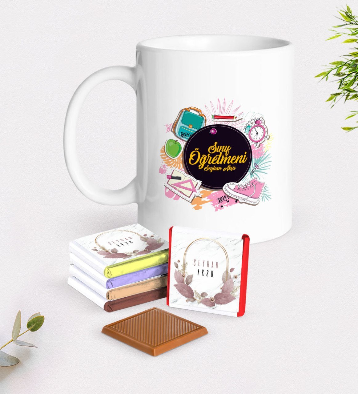 Kişiye Özel Sınıf Öğretmeni Beyaz Kupa ve Çikolata Hediye Seti-15