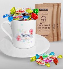 Kişiye Özel Bugün Günlerden Annem Tasarımlı Türk Kahvesi Fincanı Mehmet Efendi Kahve ve Haribo Şeker Hediye Seti-1