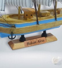 Kişiye Özel Ahşap El Yapımı Yelkenli Gemi 26cm ve Dümen Tasarımlı Kupa Hediye Seti-5